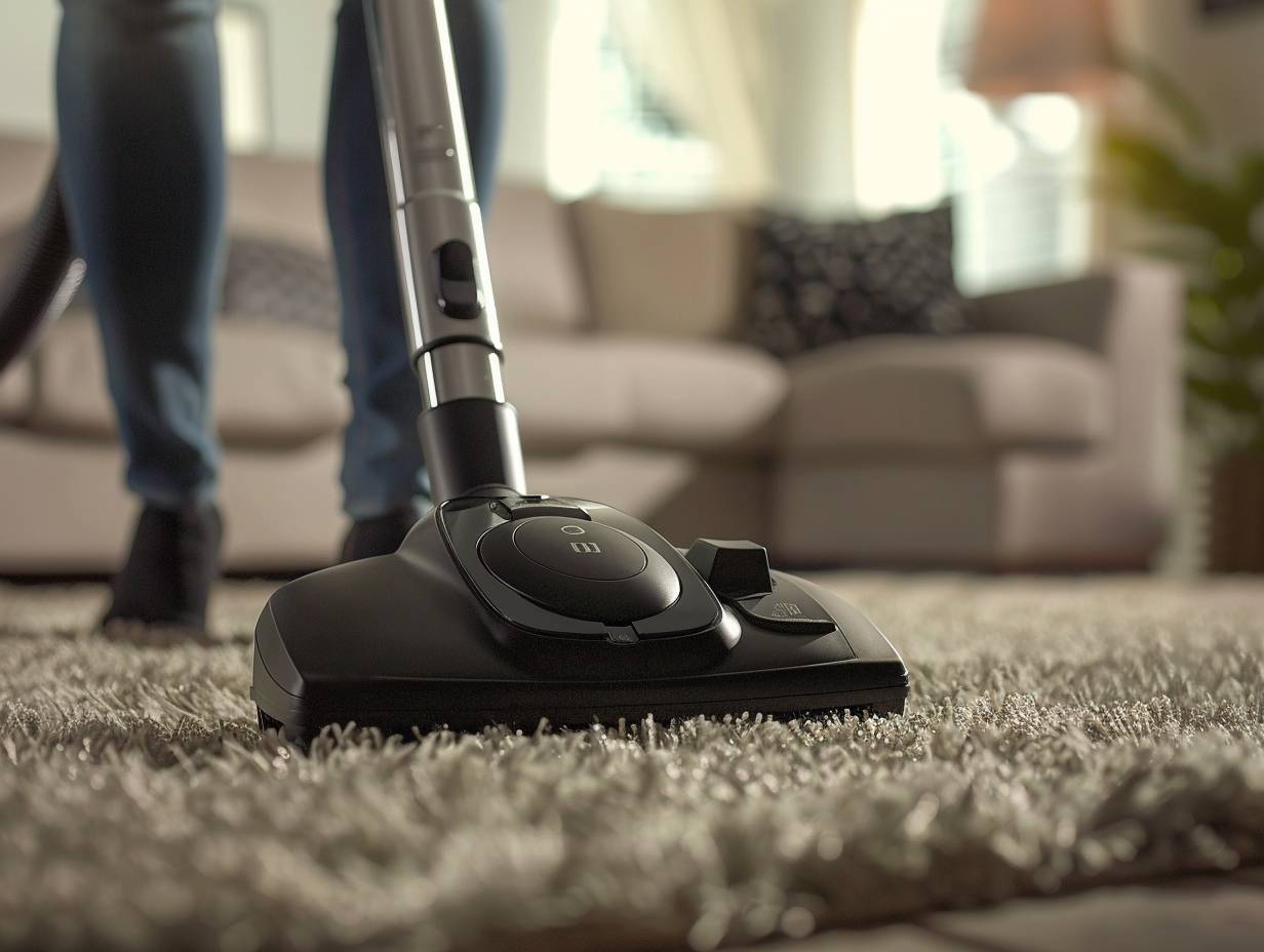 Person effortlessly gliding a selfpropelled vacuum across a plush carpet