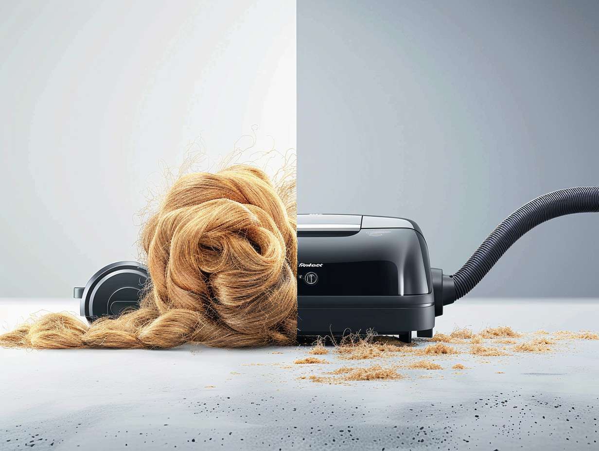 Comparison of two vacuum cleaners, one with tangled hair wrapped around the brush roll and the other with a clean brush roll due to anti hair wrap technology.