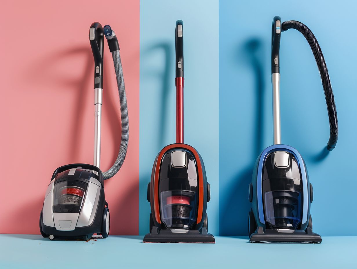 Three vacuum cleaners side by side with anti hair wrap technology in action showing comparison of effectiveness in picking up hair