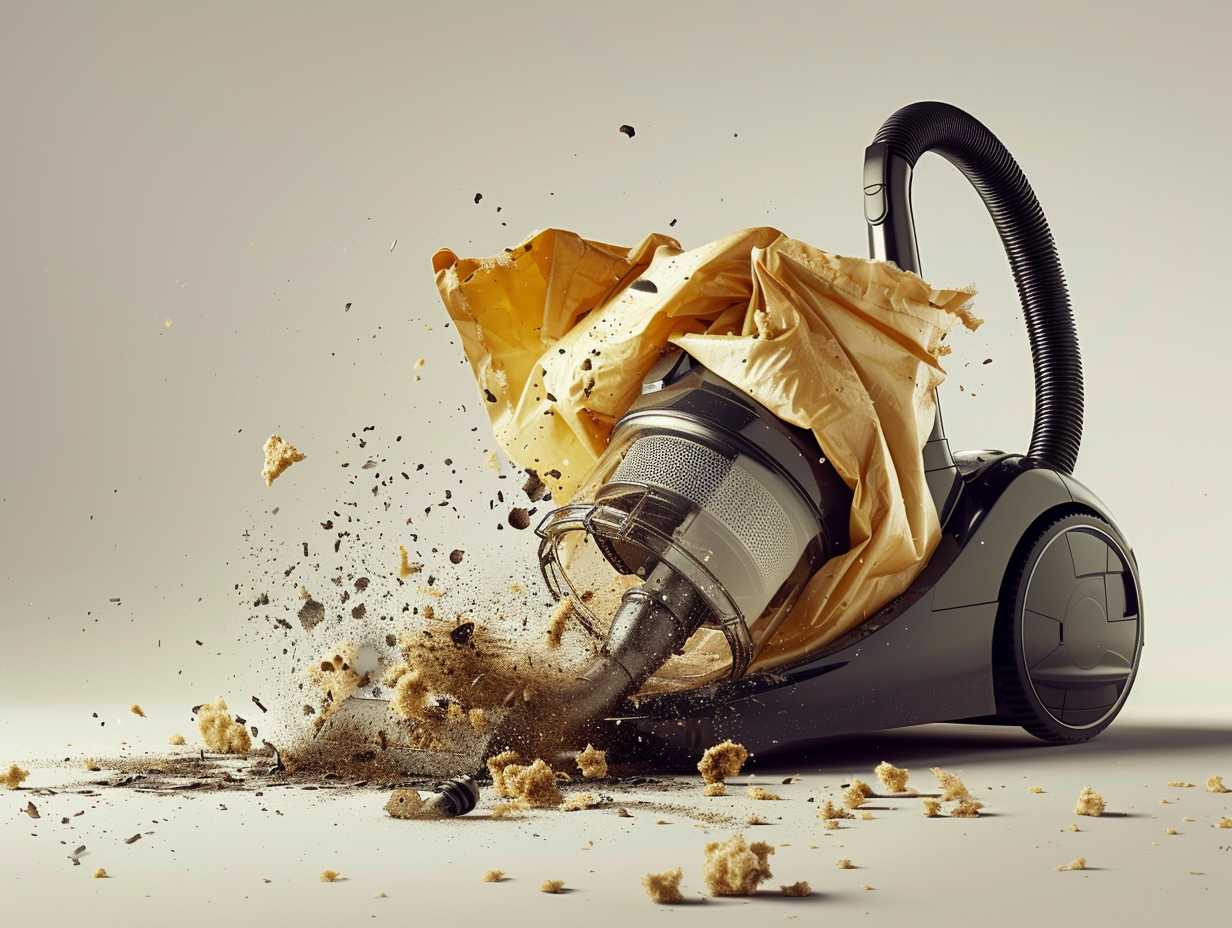 A bagged vacuum cleaner overflowing with dirt and dust with a torn bag spilling debris