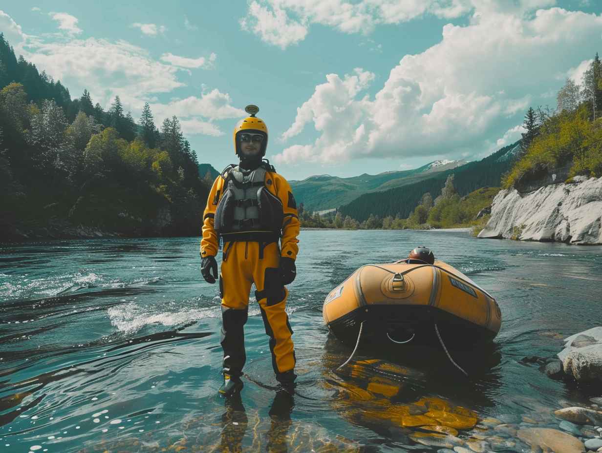 A person wearing a wetsuit helmet and water shoes standing next to a raft on a river prepared for a rafting adventure