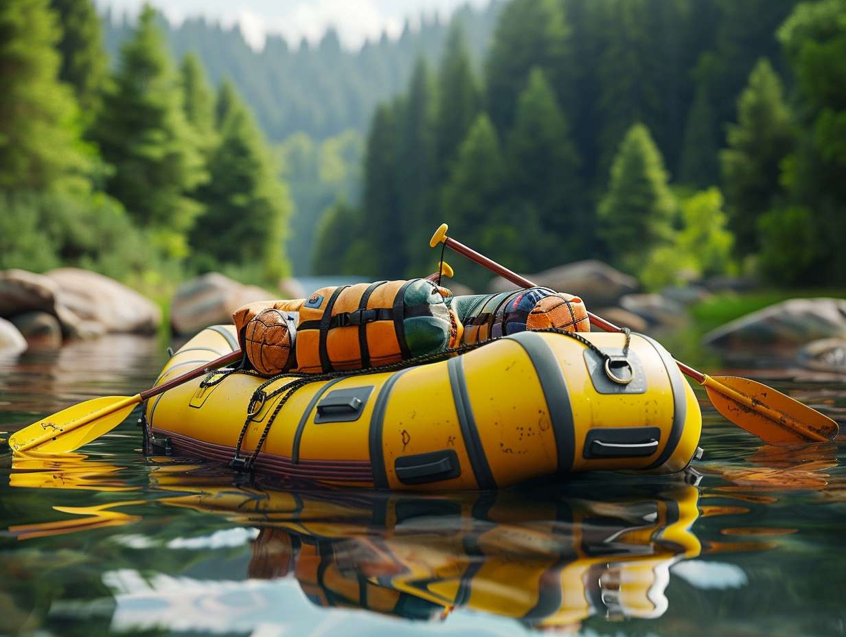 A realistic image of a rafting trip with essential watercraft equipment such as life jackets paddles helmets and a sturdy raft on a river