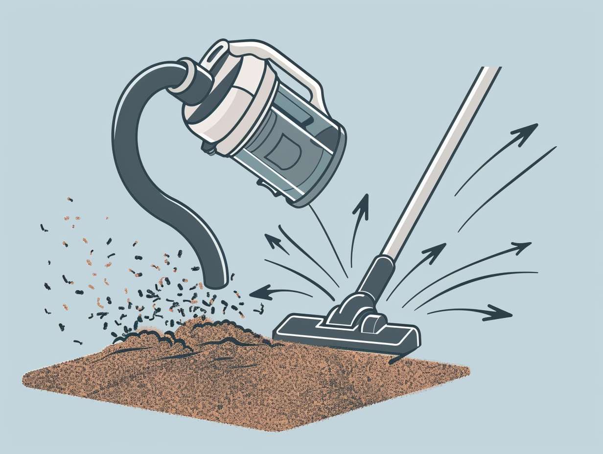 A vacuum cleaner sucking up dirt and debris from a carpet with arrows illustrating the process of creating a vacuum to lift particles into the machine