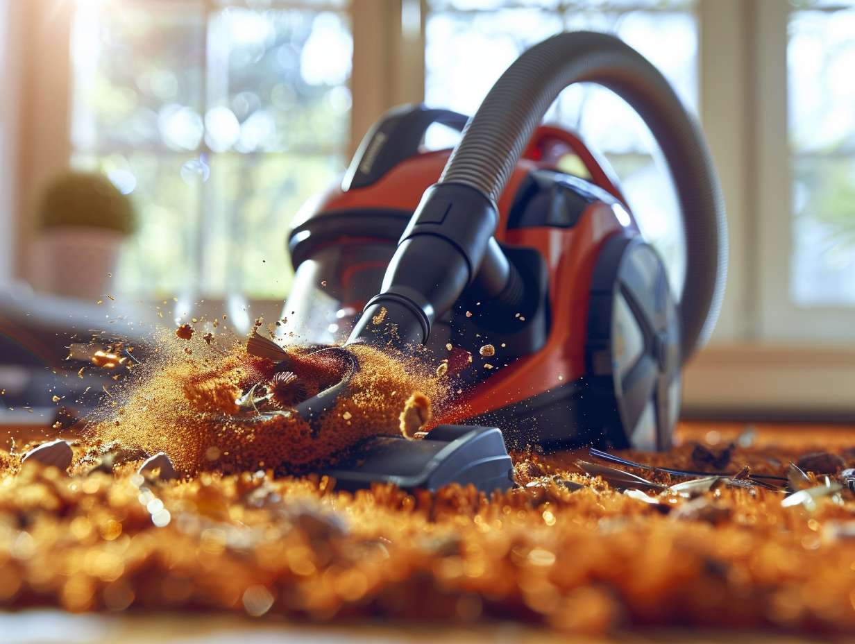 A powerful vacuum cleaner sucking up dirt and debris from a carpet