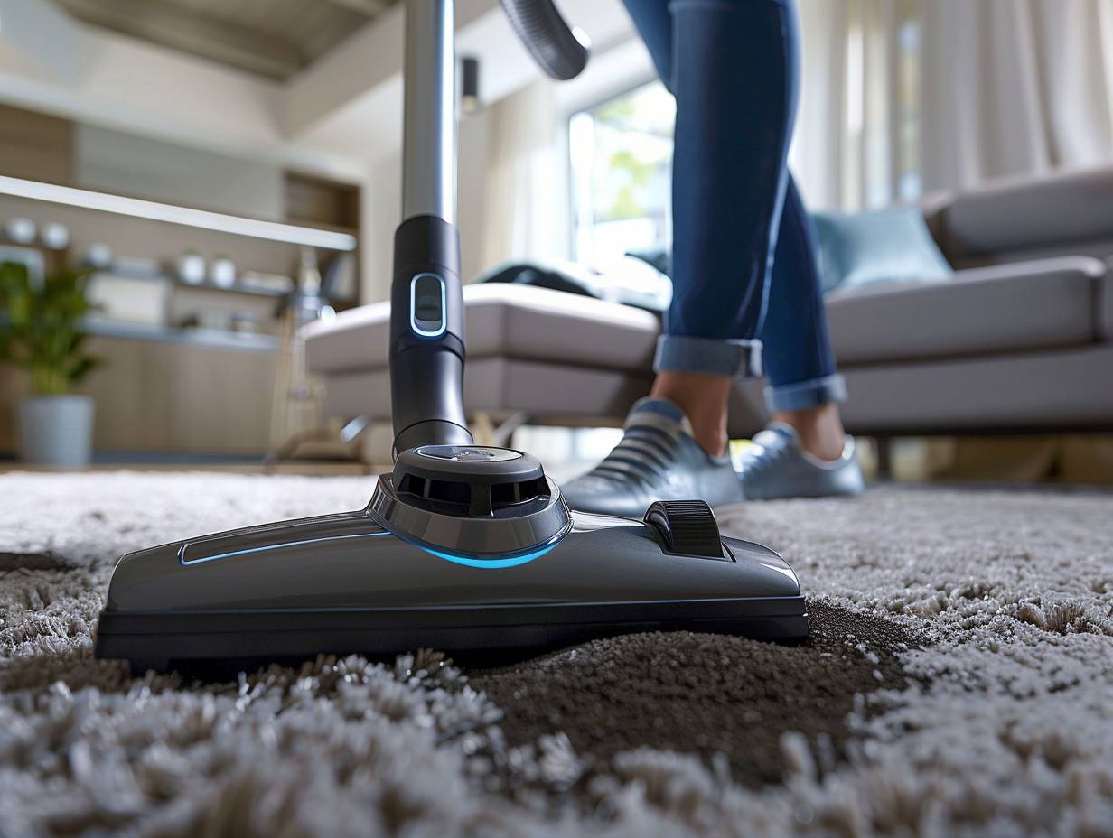 A sleek, modern vacuum cleaner effortlessly sucking up dirt and debris from a plush carpet in a tidy, well-lit room.