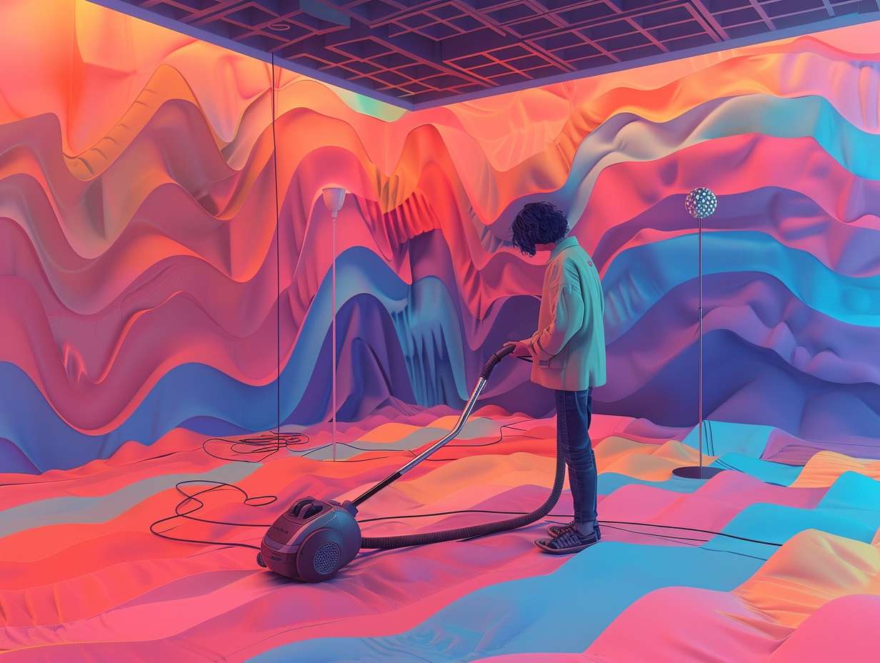 Person using a vacuum cleaner in a room filled with colorful sound waves wearing headphones and surrounded by soundproofing materials