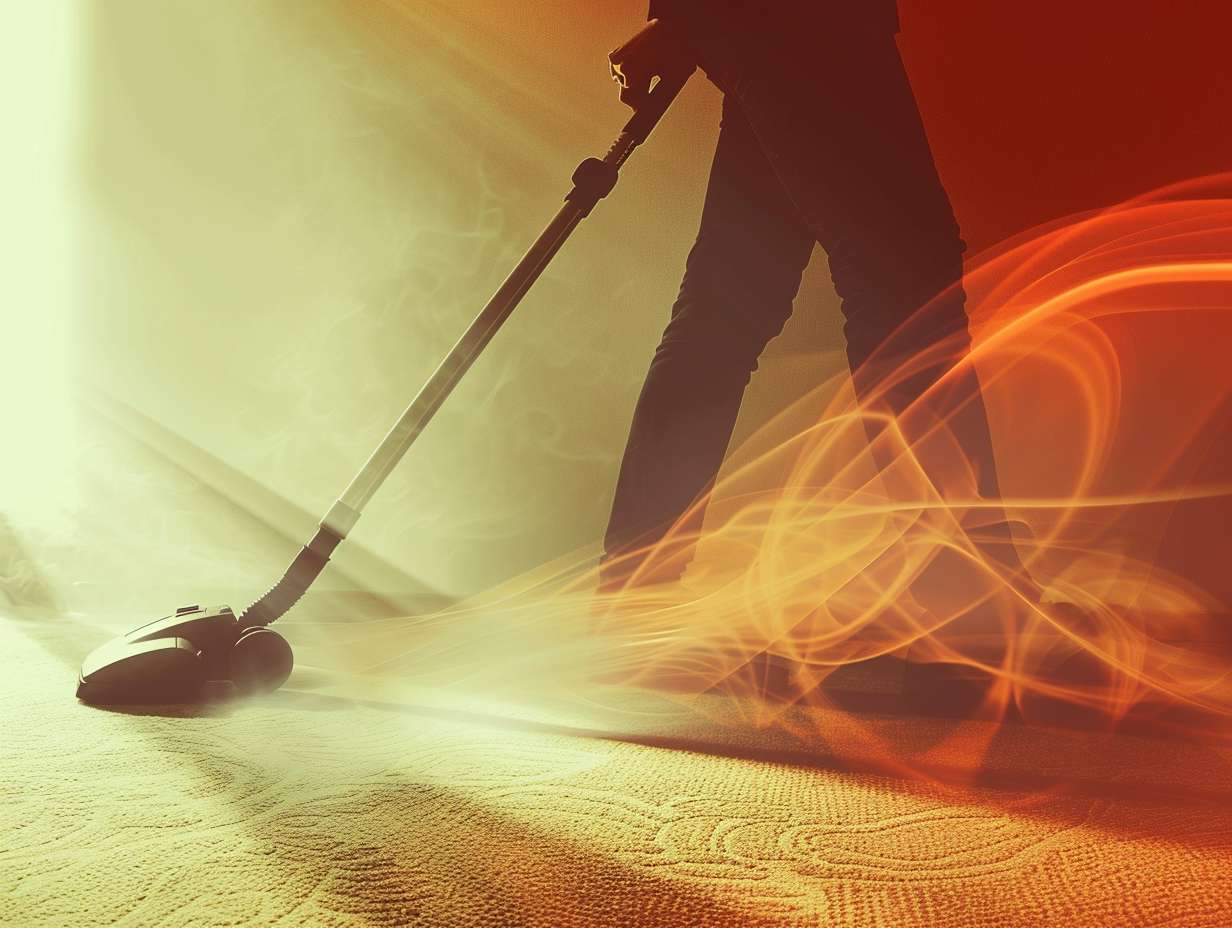 A person using a loud vacuum cleaner to clean a carpet, with visible vibrations and sound waves radiating out from the machine.