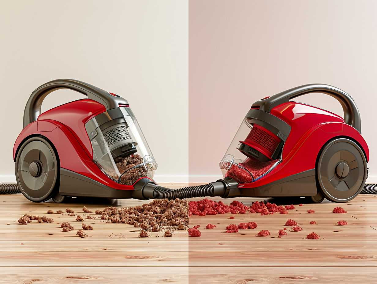 A comparison image showing a clogged filter and full dustbin next to a clean filter and empty dustbin in a bagless vacuum cleaner demonstrating the difference in suction power