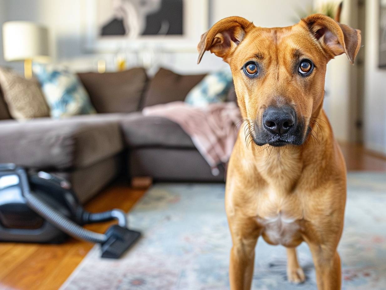 A curious and cautious dog standing alert and barking at a vacuum cleaner in a living room