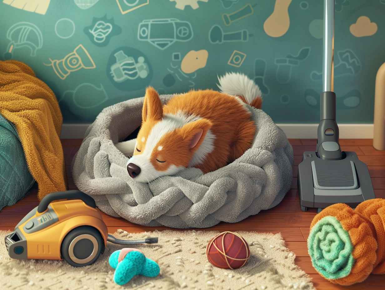 A fluffy dog curled up in a cozy bed surrounded by toys and blankets with a turned off and unplugged vacuum cleaner in the corner