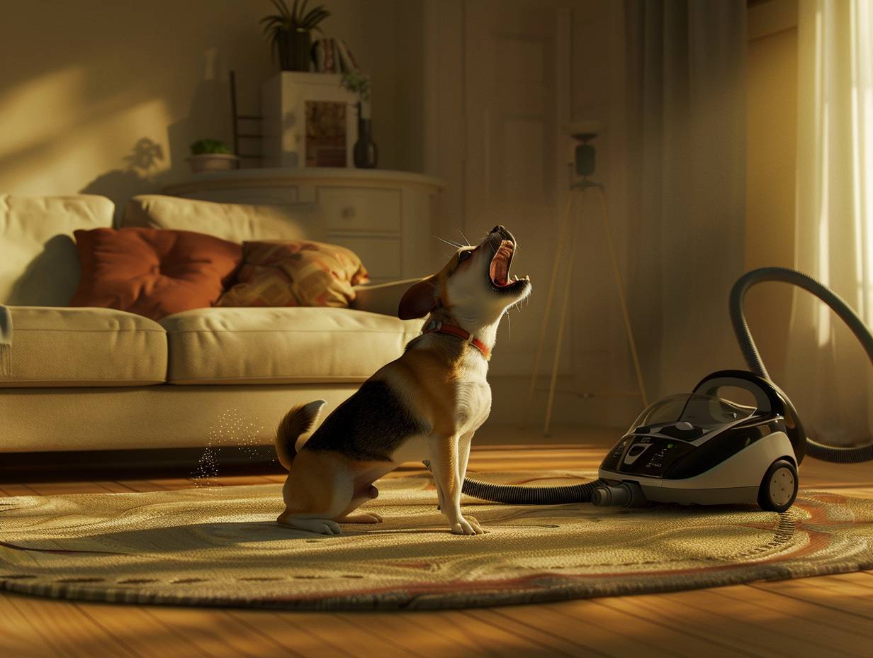 Small dog standing on hind legs barking at a vacuum cleaner in a living room