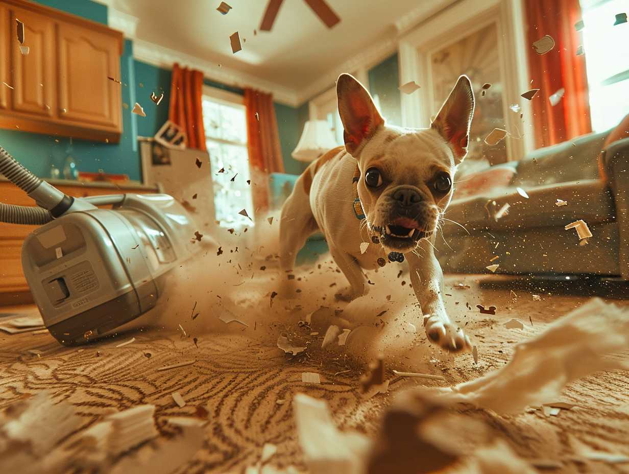 A dog with wide eyes ears back and tail tucked chasing a vacuum cleaner in a cluttered room with bright lights and loud noise