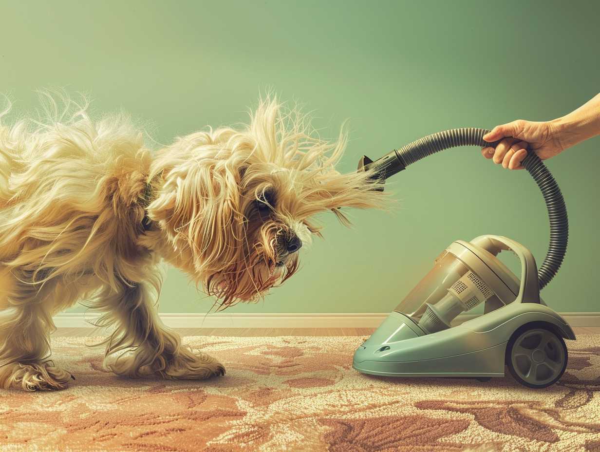 A fluffy dog cowering in fear as a vacuum cleaner approaches with a comforting human hand extending towards the dog offering reassurance and support