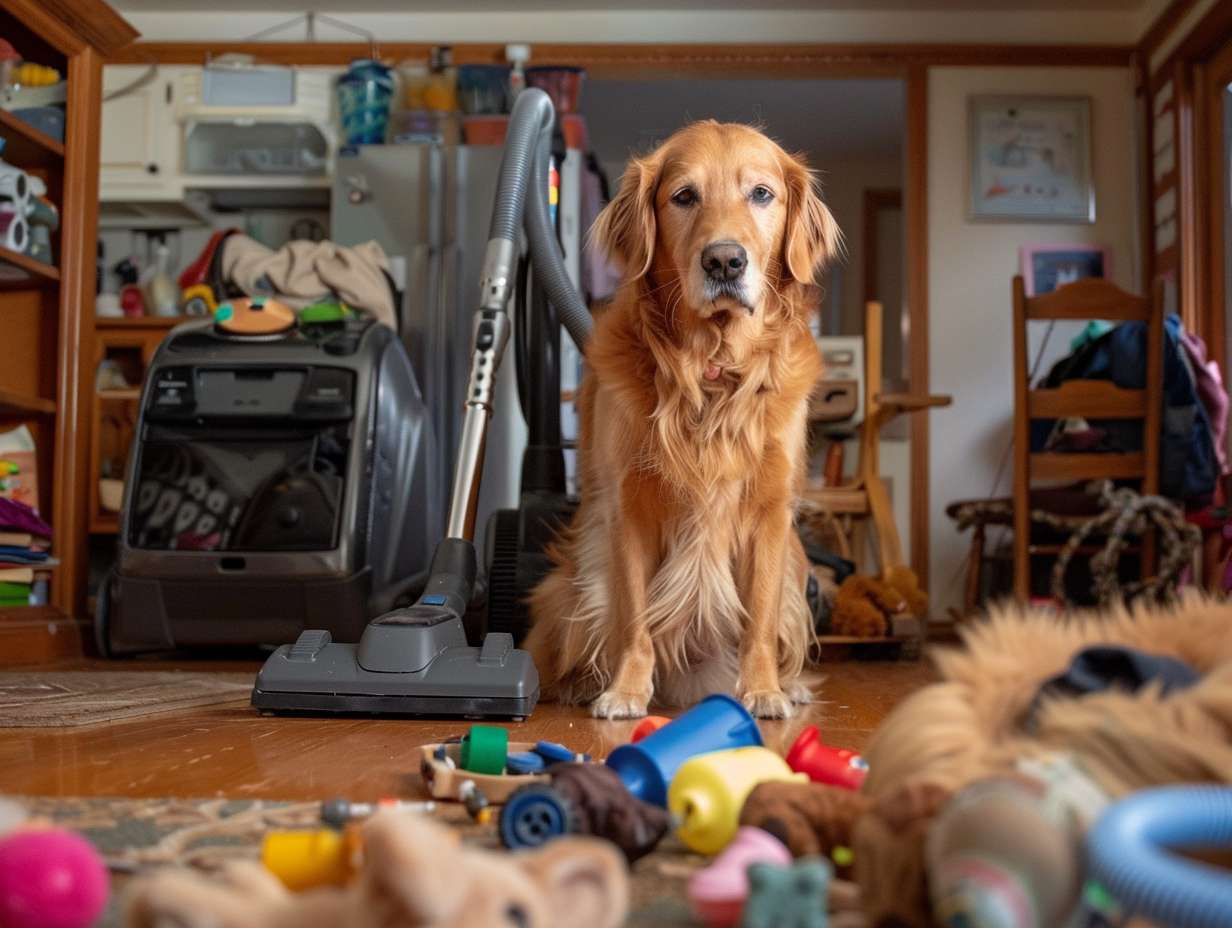 A fluffy golden retriever with ears perked up tail wagging intensely focused on a vacuum cleaner in action in a cluttered room with scattered toys