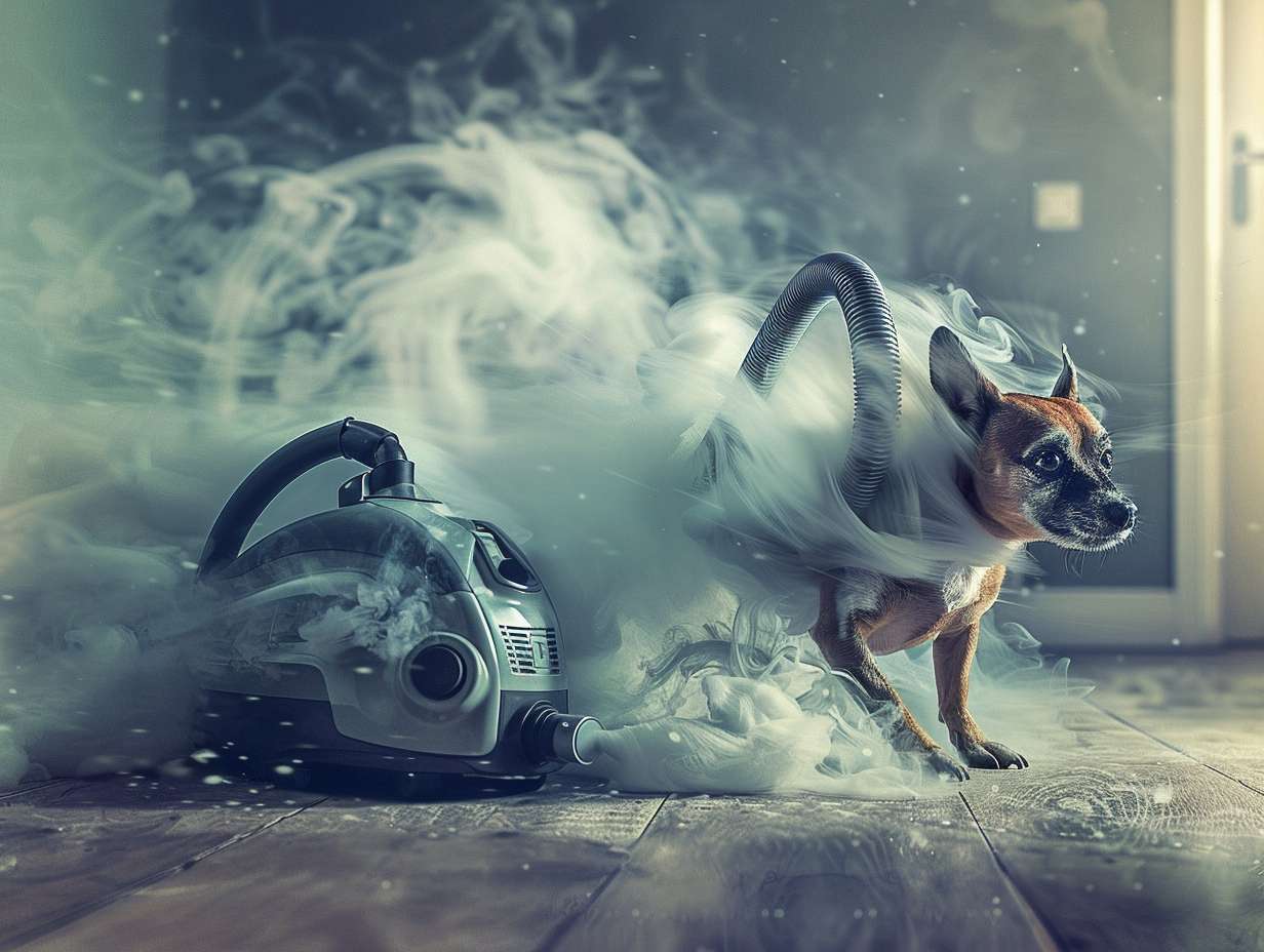 A frightened dog cowering in fear as a powerful vacuum cleaner creates exaggerated swirling airflow and strong suction