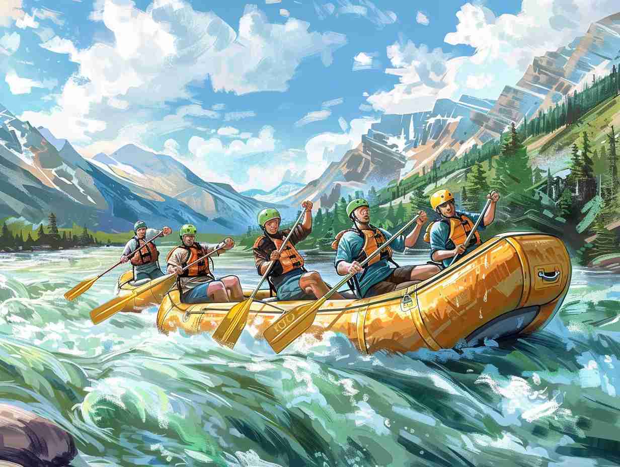 A visual representation of the evolution of rafting from calm waters to white water rapids showcasing different types of rafts gear and environments