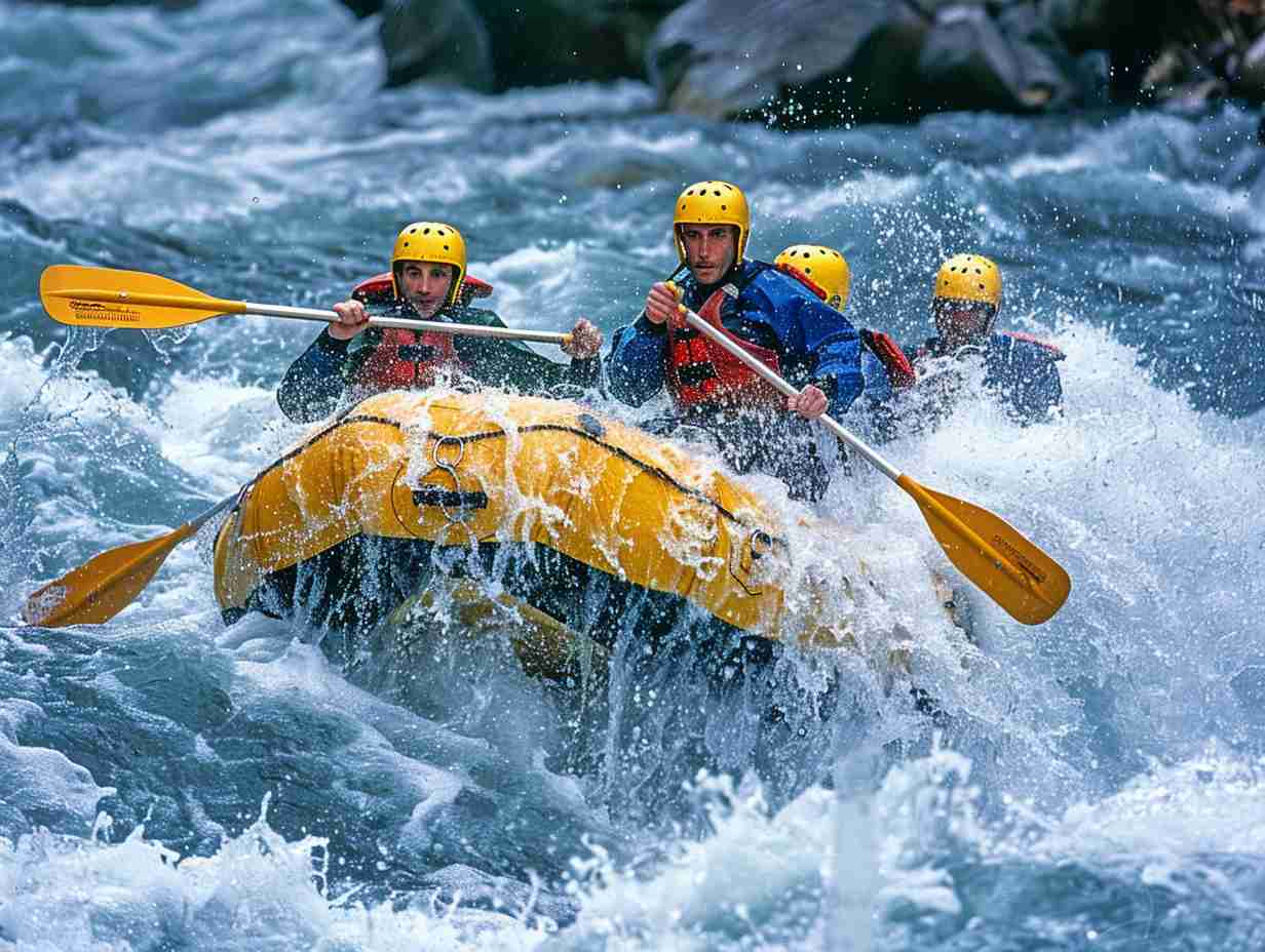 Group of adventurers navigating turbulent rapids in a river surrounded by foamy white water and rocky cliffs