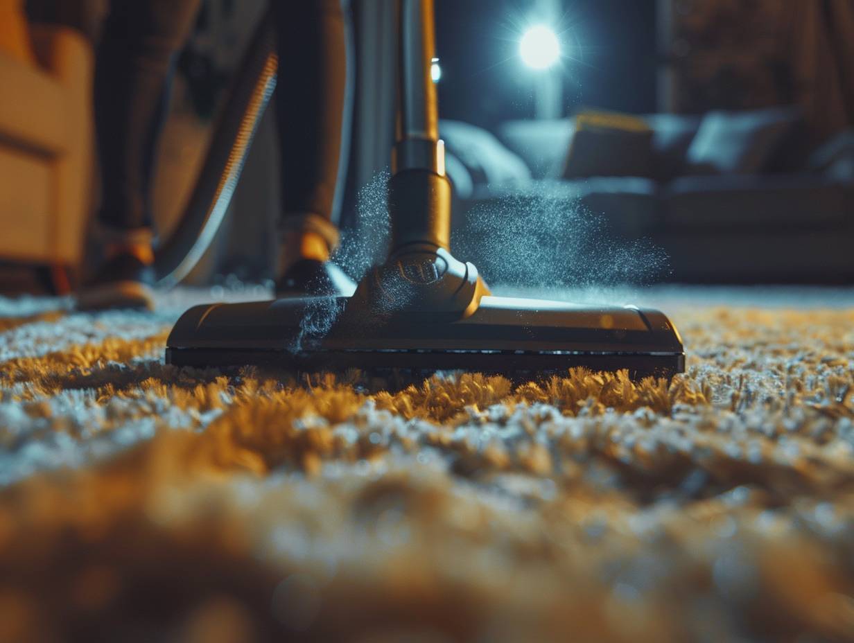 Person using a powerful vacuum cleaner on a carpet with loud mechanical noises