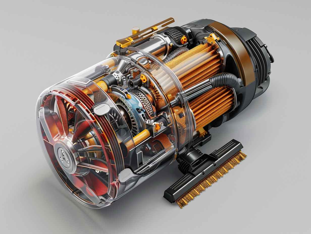 Detailed cutaway view of a vacuum cleaner motor showing components like brushes armature and fan