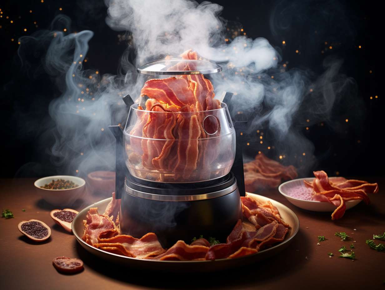 An air fryer cooking bacon with billowing smoke spiraling upwards