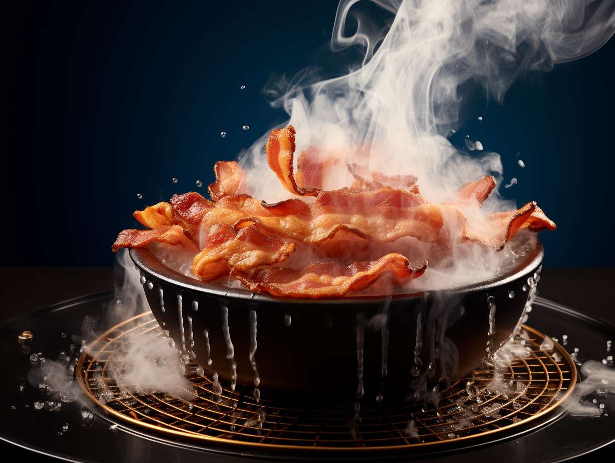 Excess fat and grease pooling in an air fryer sizzling bacon strips with billowing white smoke