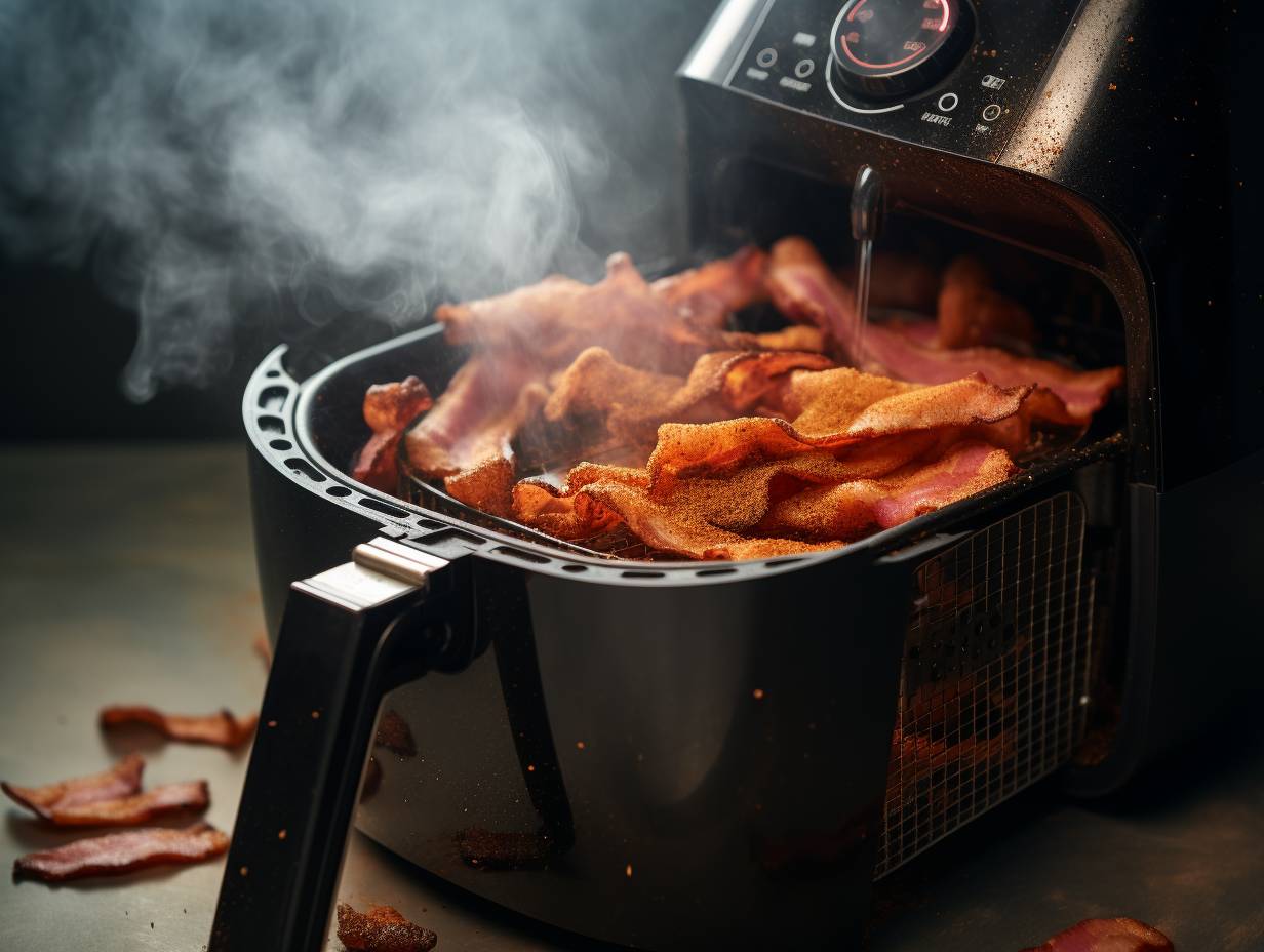 A dirty air fryer filled with greasy residue clogged vents emitting smoke and a dirty filter highlighting the importance of cleaning and maintaining your air fryer to prevent smoke when cooking bacon