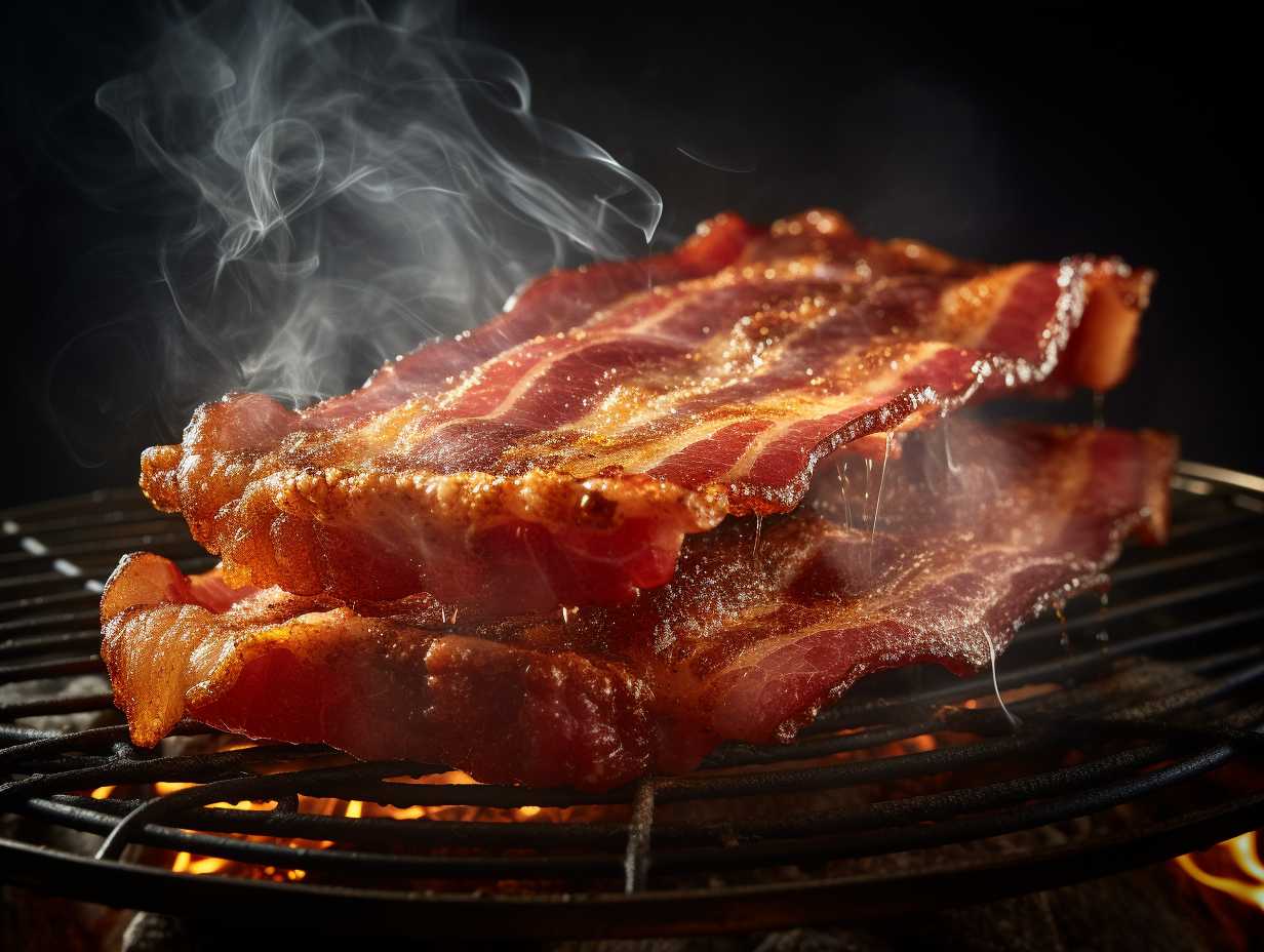 Closeup of a thick slice of bacon sizzling in an air fryer edges turning crispy and golden with smoke billowing out from the sides