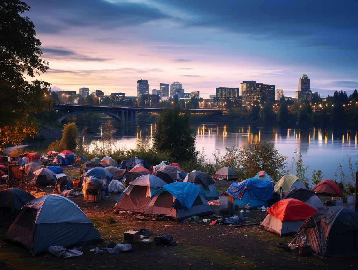 Vibrant Portland cityscape at dusk with a serene park featuring tents and makeshift shelters representing the controversial policy of homeless camping in the city.