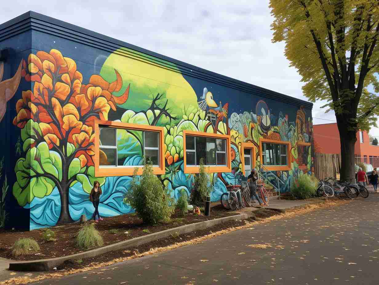 A diverse group of Portland residents actively engaging with the homeless community through community garden collaborative mural painting and group discussion