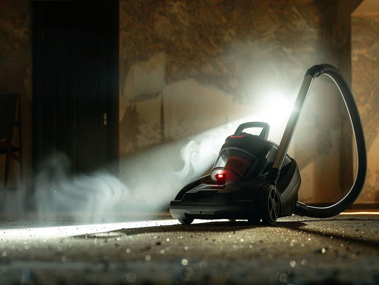 A dimly lit room with a vacuum cleaner its headlights turned on illuminating the floor