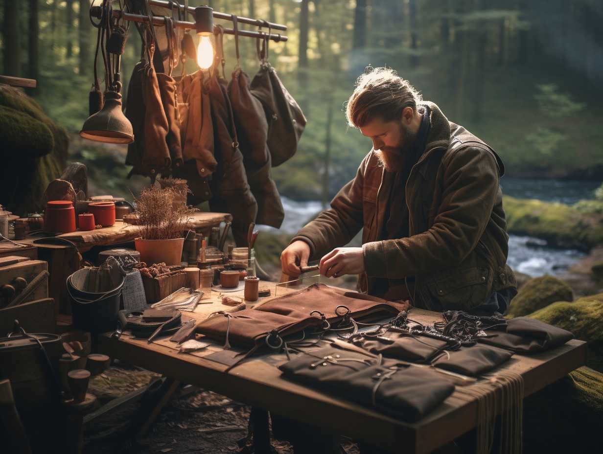 A small artisanal workshop nestled in a scenic forest crafting camping gear by hand with meticulous attention to detail