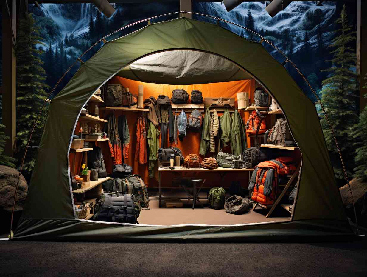 A sprawling outdoor store display filled with high-quality camping gear, including a detailed tent, durable backpack, and expertly crafted sleeping bag.