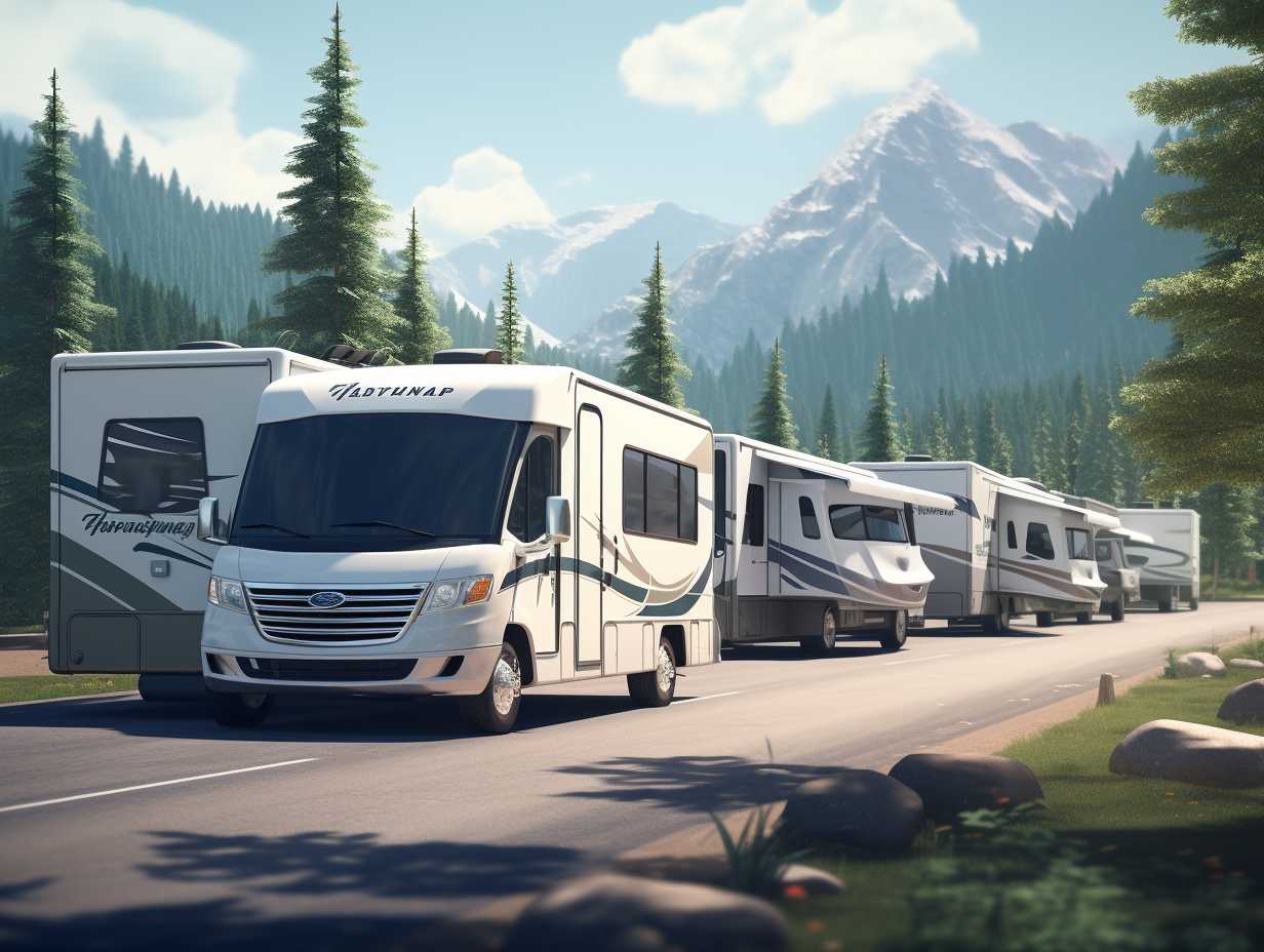 A row of pristine recreational vehicles at a picturesque campground with Camping Worlds logo subtly displayed on each RV