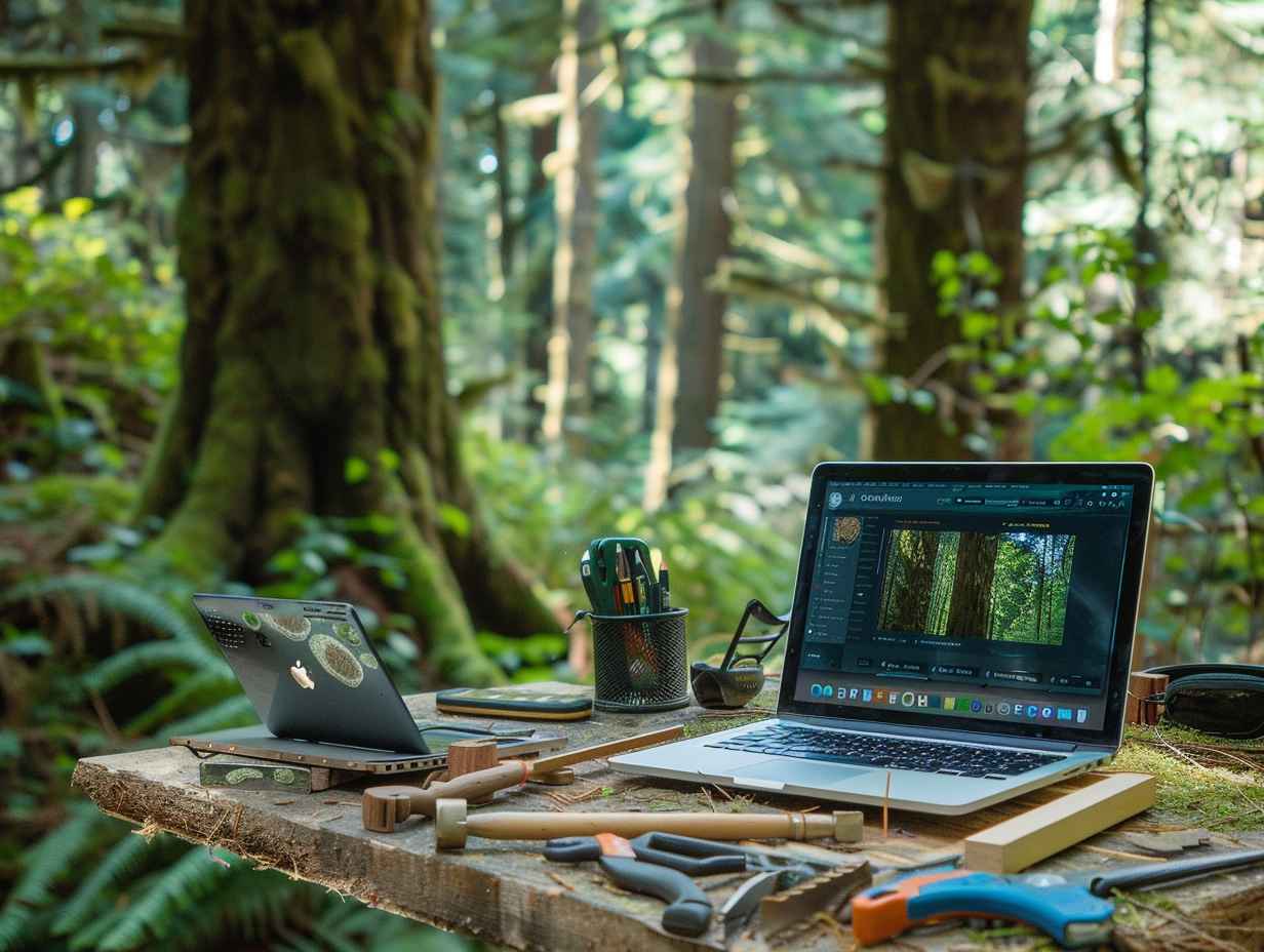 Serene forest scene with laptop and tablet displaying tree-care related forum interface surrounded by arborist tools