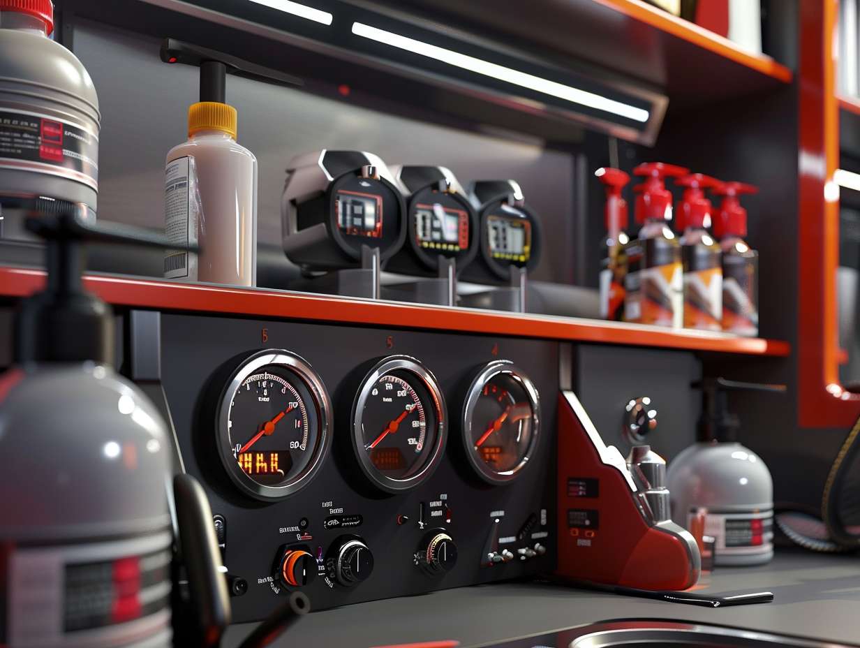 Sleek and modern dashboard surrounded by car care products in a detailing garage