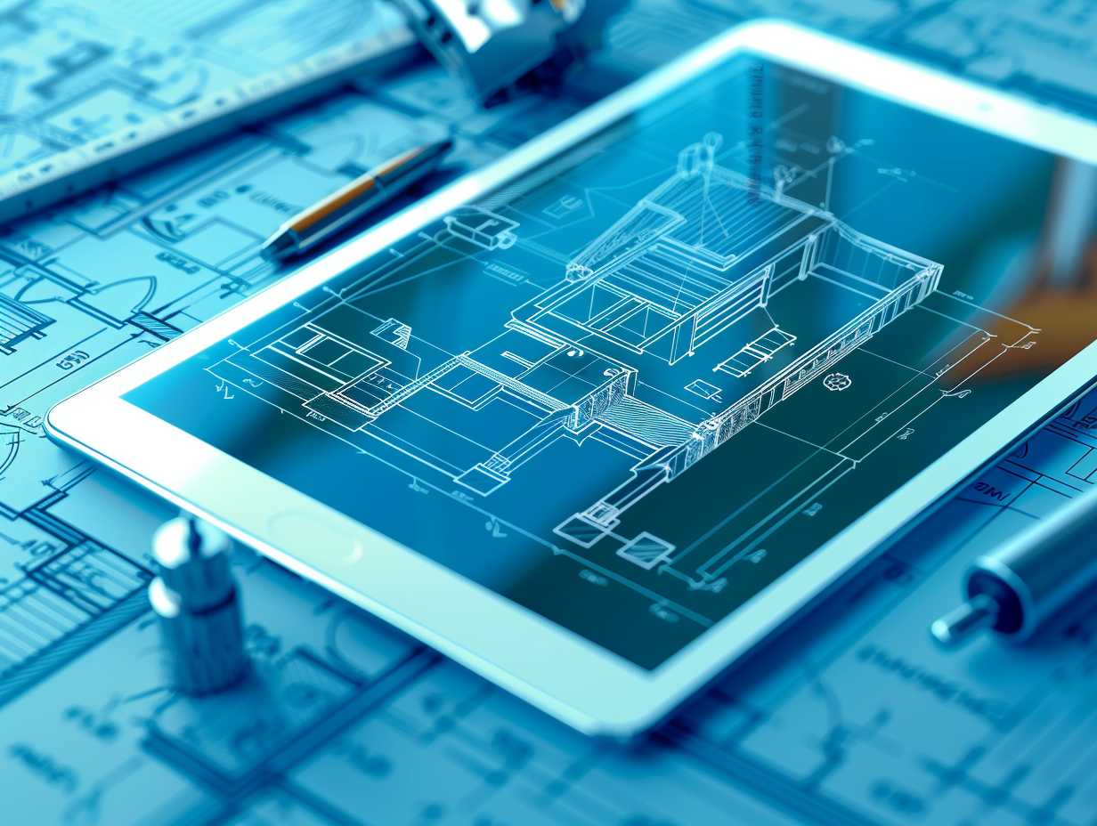 Blueprint of a building with tablet and smartphone displaying construction forum interface