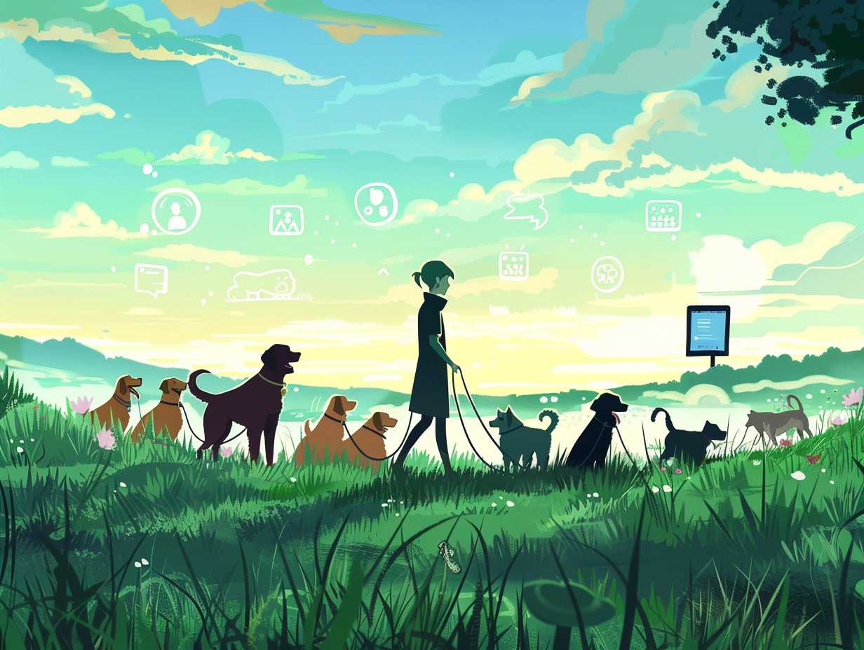 A serene landscape with a dog walker surrounded by happy dogs on leashes, with a faint computer screen displaying a forum discussion thread in the background.