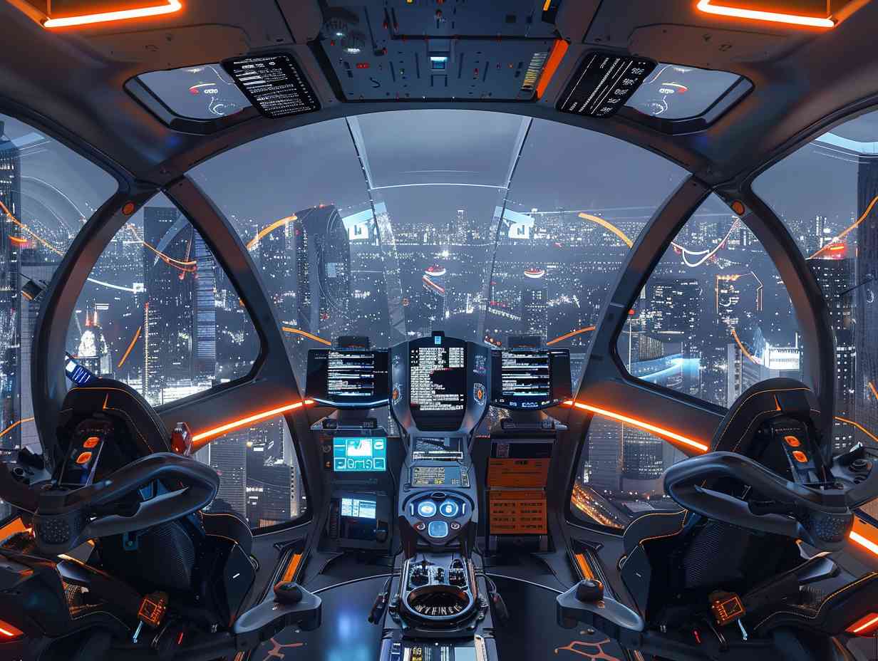 Futuristic drone cockpit with holographic screens and mini drones surrounded by modern architecture.