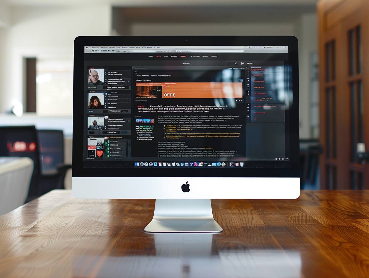 Modern computer screen displaying open forum webpage with discussion threads and user profiles on polished hardwood floor