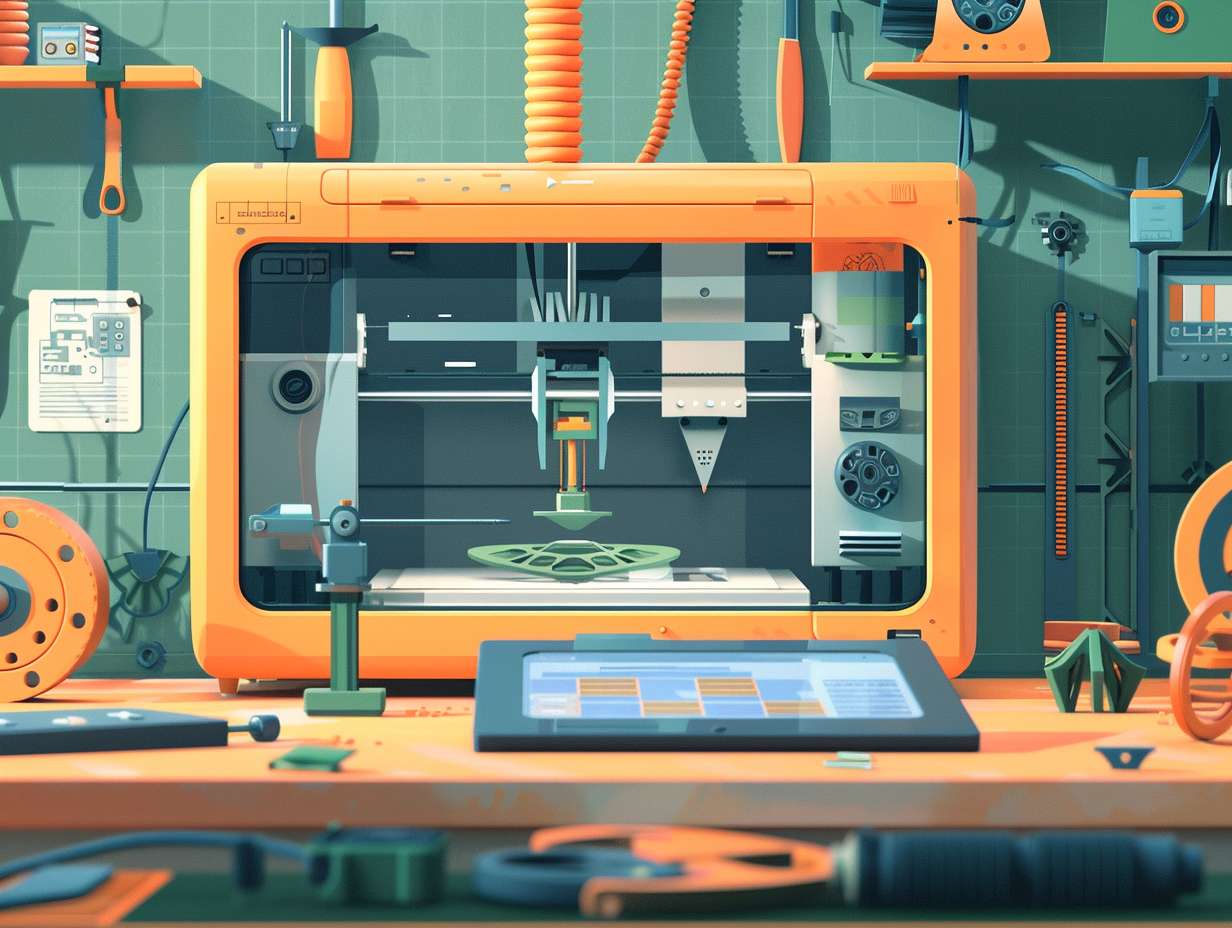 Illustration of a futuristic 3D printer with a tablet displaying a knowledge base interface, surrounded by 3D printed parts and tools.