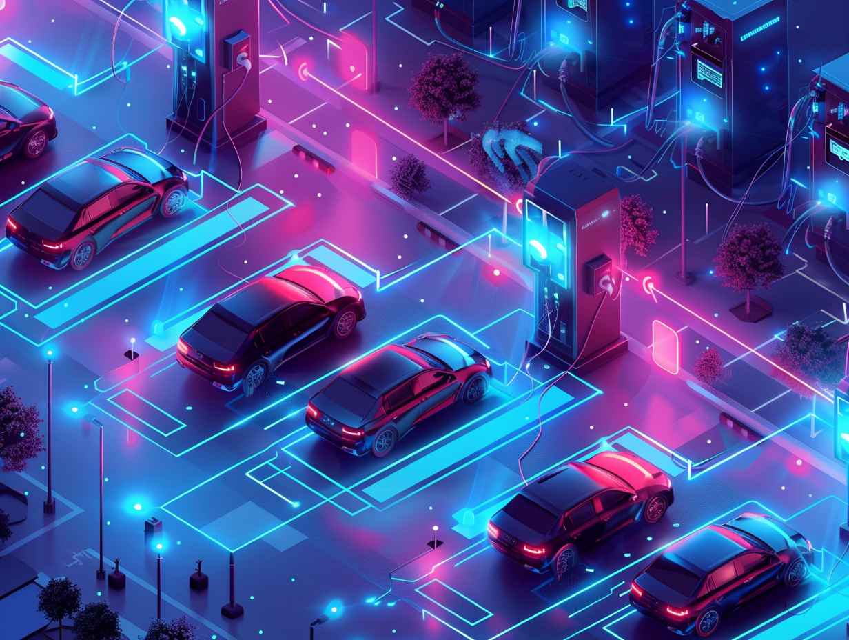 Illustration of a futuristic cityscape with electric vehicles parked at charging stations, surrounded by glowing blue lines symbolizing data flow.