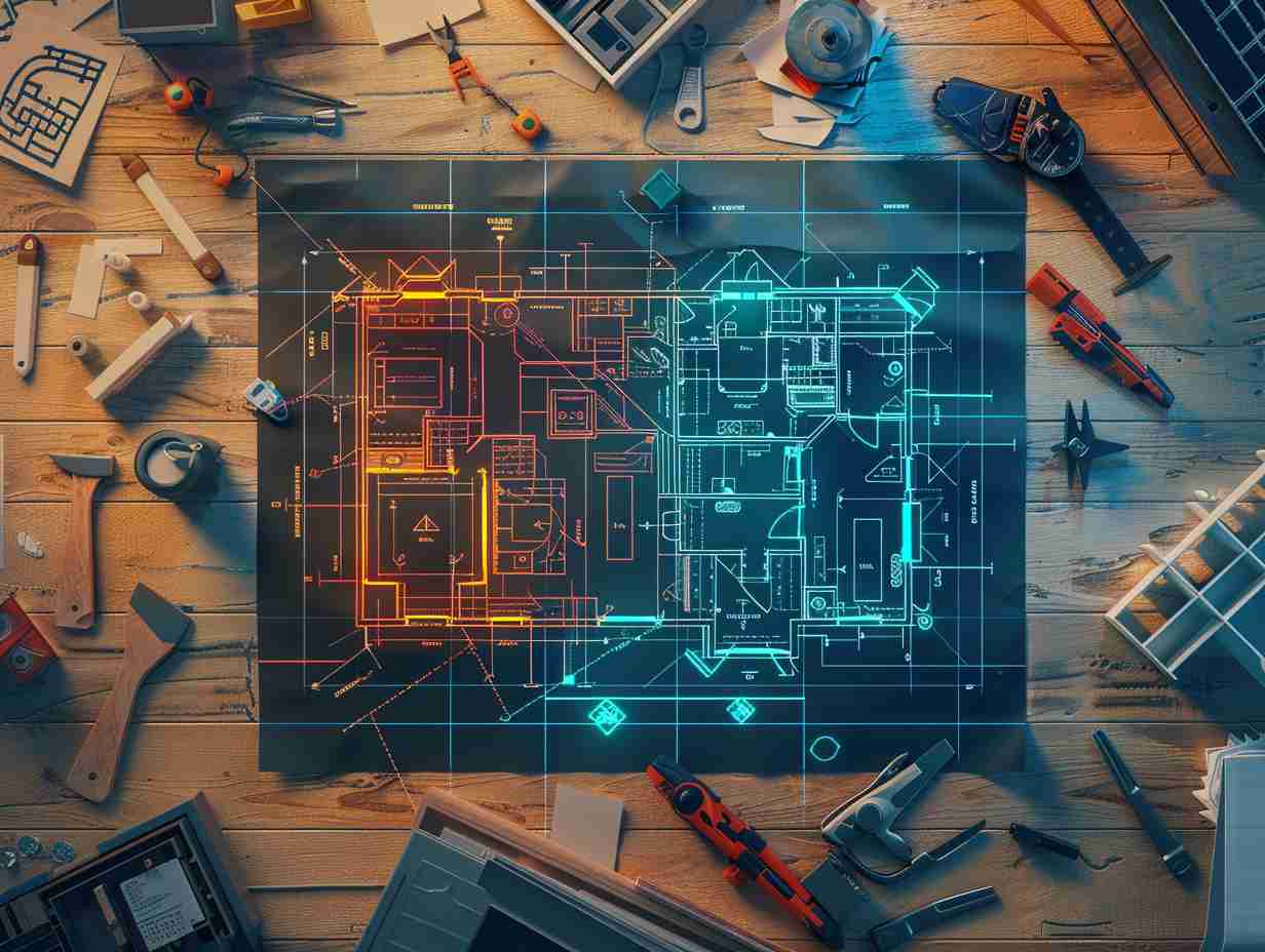 Blueprint of a house with highlighted rooms, scattered tools and building materials, interconnected nodes grid