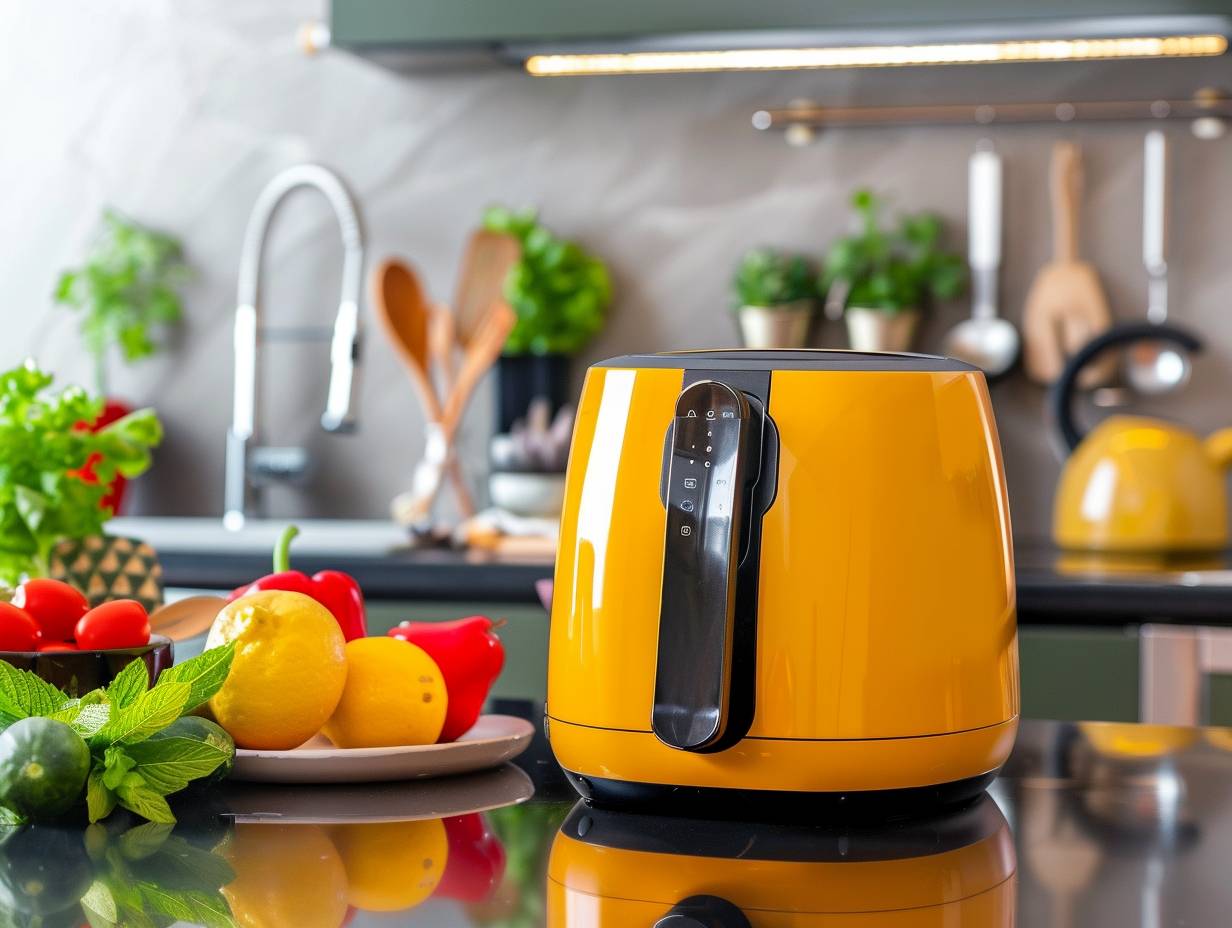 A vibrant yellow air fryer sitting on a sleek black countertop, surrounded by colorful kitchen utensils and fresh produce.