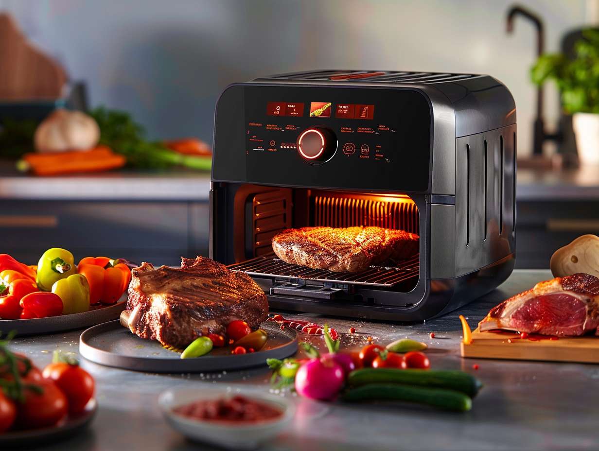 A sleek, modern air fryer with a built-in grill surrounded by sizzling vegetables and juicy cuts of meat