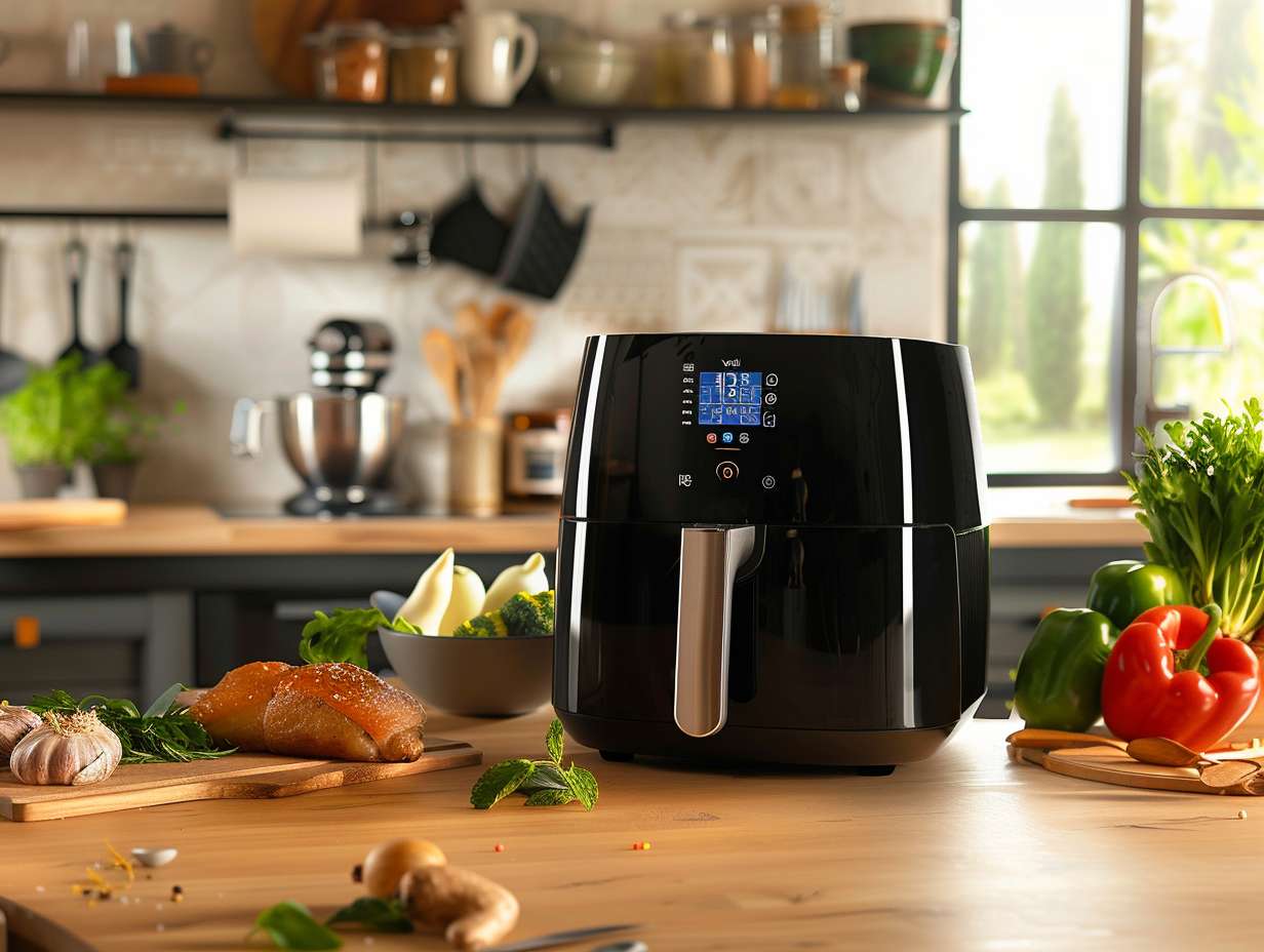 Sleek and modern Yedi air fryer surrounded by fresh ingredients and cooking utensils in a well-lit kitchen setting