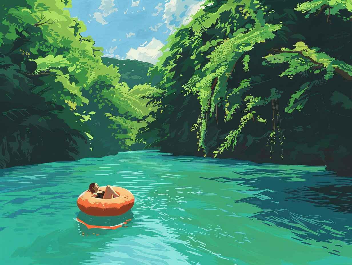 Person lounging in a vibrant rafting tube on calm turquoise water surrounded by lush greenery and towering trees.