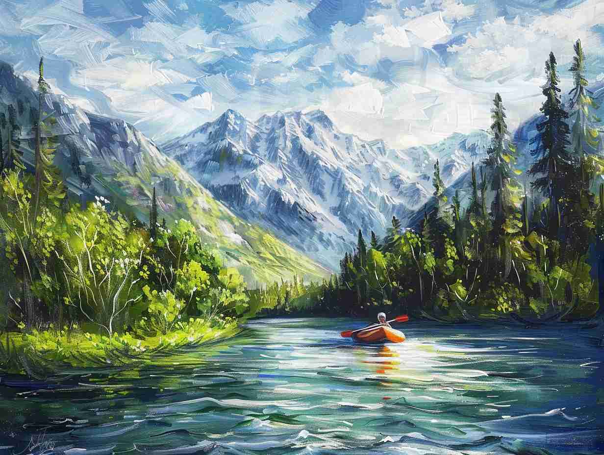 A lone paddler on a raft in a serene river landscape surrounded by lush green forests and majestic mountains.