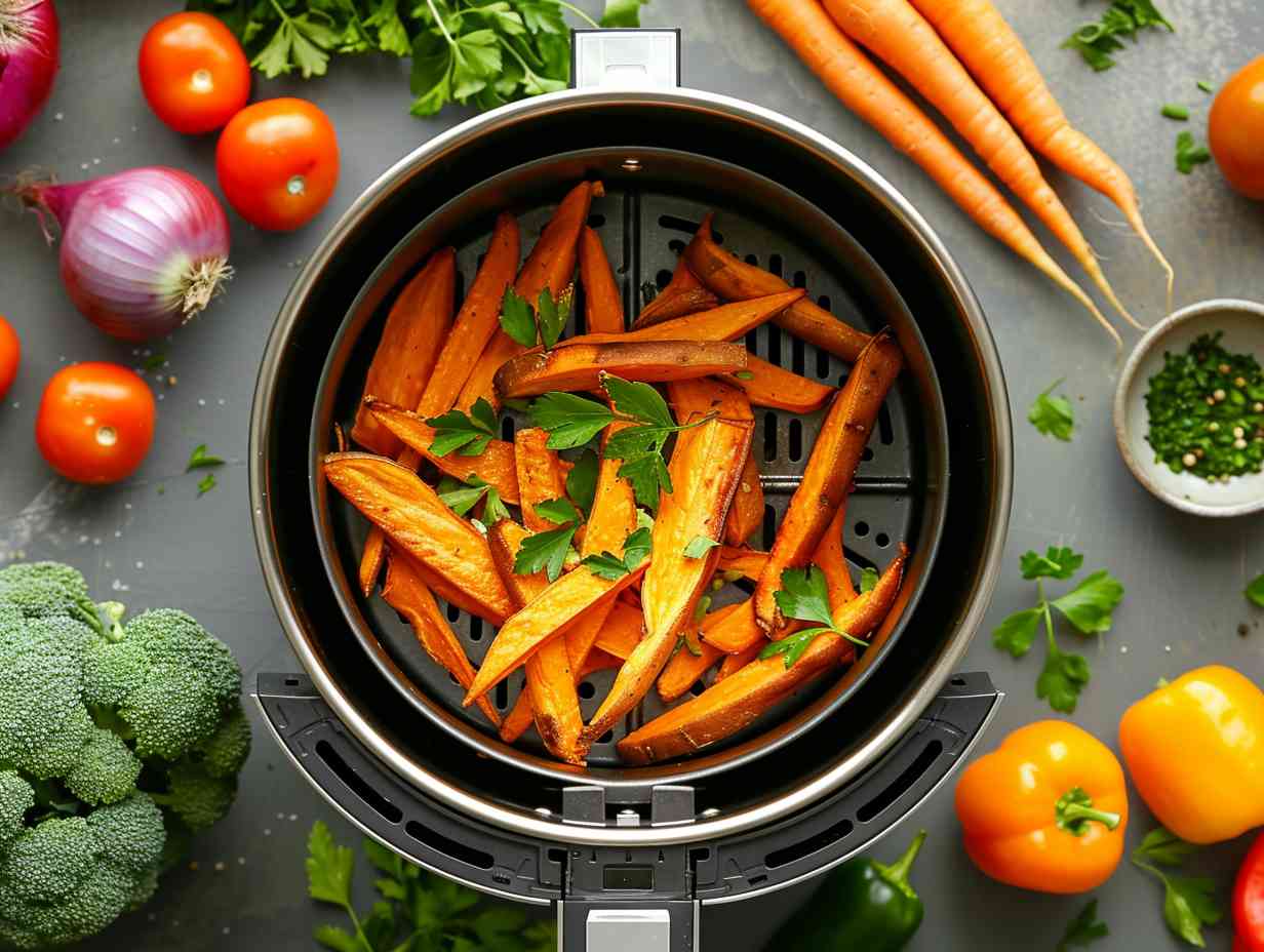 A sleek stainless steel air fryer with golden crispy sweet potato fries in a removable non-stick basket surrounded by vibrant colorful vegetables.