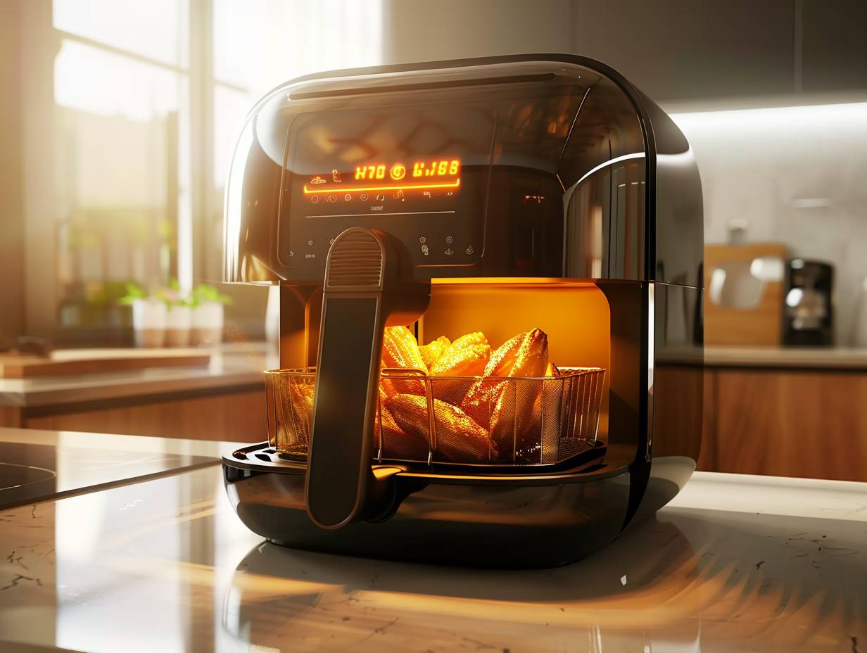 A sleek, modern air fryer with a transparent window showcasing crispy and golden brown food inside.