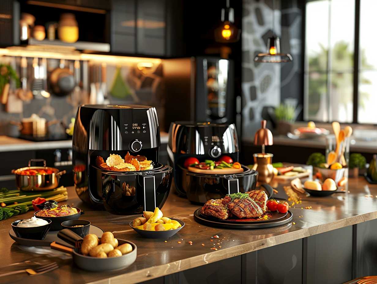 Sleek, modern kitchen countertop with three different Vortex air fryer models cooking delicious dishes to perfection.